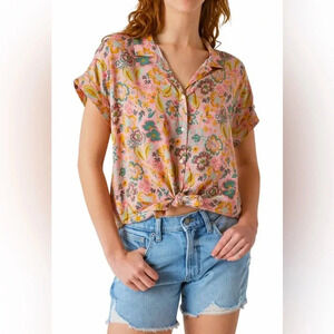 Lucky Brand Floral Tie Front Button Down Pink Women’s Small